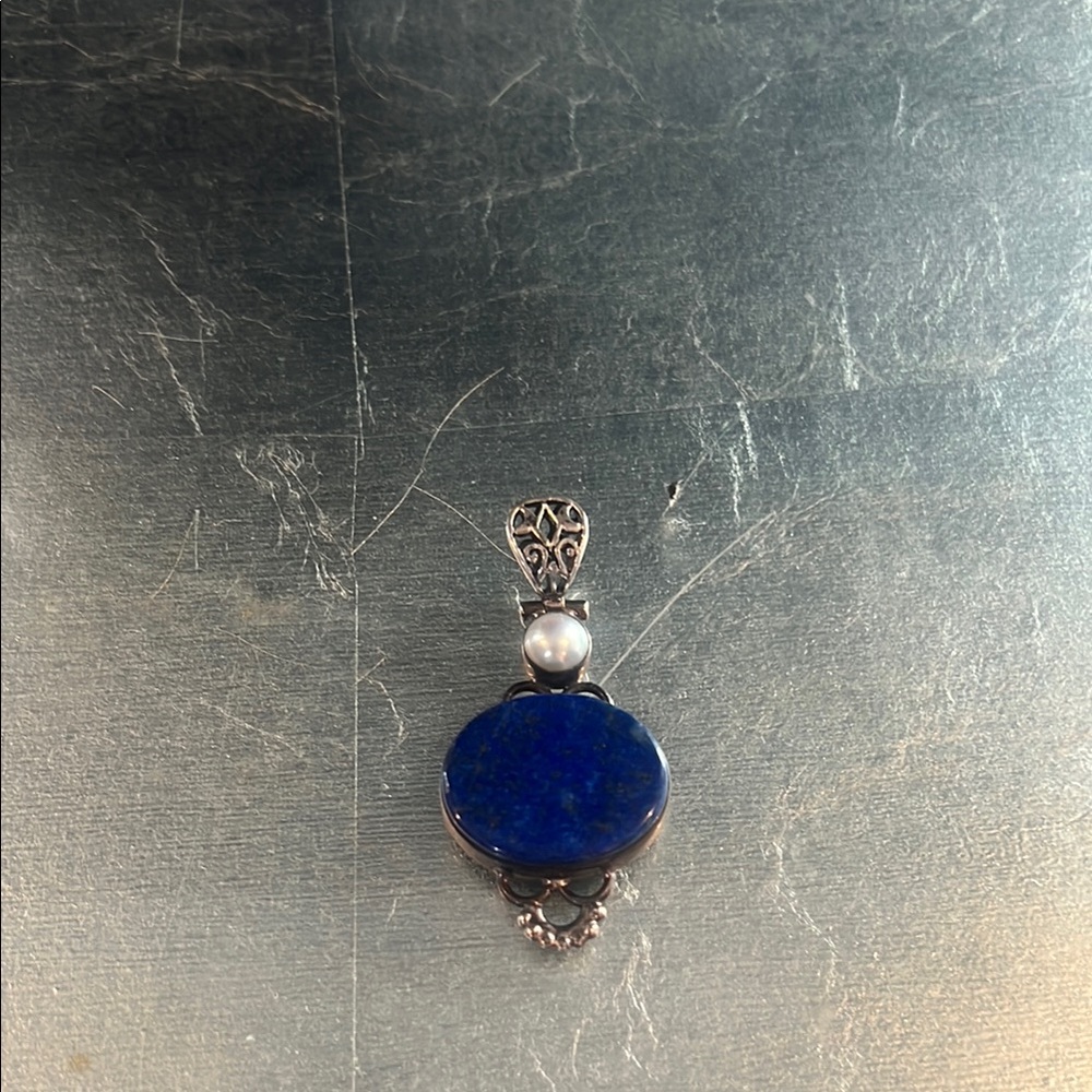 Lapis and pearl with silver Intricate Pendant maybe sterling